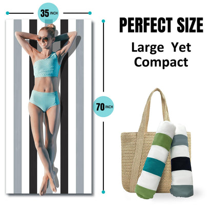 cabanana Large Oversized Beach Towel - Microfiber Sand Free 35 x 70 Inch Quick Dry Lightweight Pool Towel for Adults, Thin Striped Swim Towel (Black)