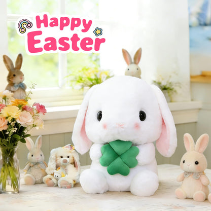 HOUPU Soft Toy - Sitting Lop Eared Rabbit, Easter White Rabbit Stuffed Bunny Animal with Carrot Soft Lovely Realistic Long-Eared Standing Pink Plush Toys (White-Four Leaf,16.9in/43cm)