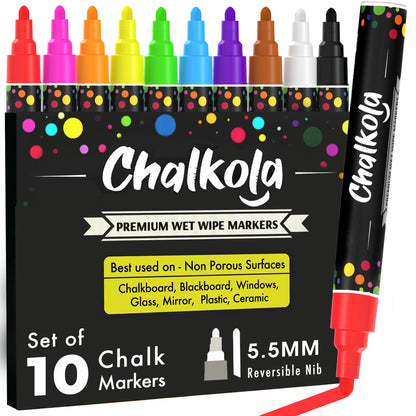 Chalkola Chalk Markers for Blackboard, Chalkboard, Window, Bistro, Car Glass, Board, Wall Calendar (10 Pack, 6mm Reversible Tip) - Wet Wipe Erasable Liquid Chalk Pens | Chalkboard Markers Erasable