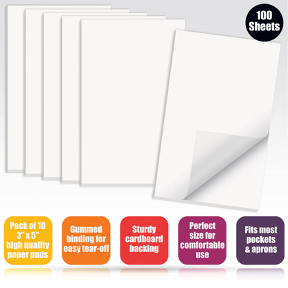 Better Office Products Blank Scratch Note Pads, 3" x 5", Server Notepads, 100 Sheets per Pad, Memo Pads, Gummed Binding for Easy Tear-off (10 Pack)