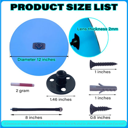 12" HD Frameless Acrylic Convex Mirror - 180 ° adjustable wide-angle field of view-Angle View for Indoor/Outdoor Security, Eliminating Blind Spots in Garages, Warehouses, Office,Driveways & Stores