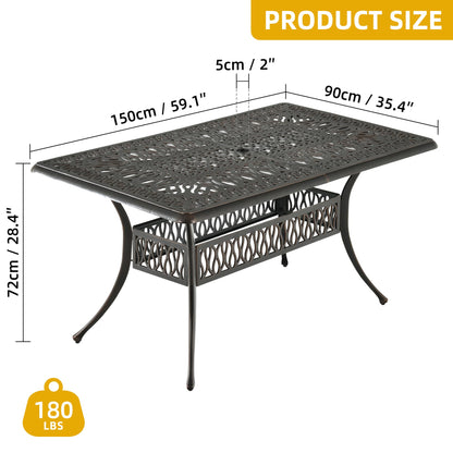 DWVO Cast Aluminum Outdoor Dining Table, 59'' Patio Table w/Max Bearing 220 LBS, Patio Dining Table with 2" Umbrella Hole and Adjustable Foot Pads for Garden, Backyard, Deck and Patio, Bronze