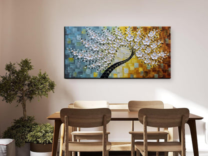 YaSheng Art - Wall Art Oil Painting ,100% HandPainted 3D Texture Wall Art Artwork White Flower Tree Paintings ,Abstract Canvas Wall Art ,Bedroom Dining Room Living Room Modern Wall Art Decor Home , Framed Wall Art Picture 24x48inch