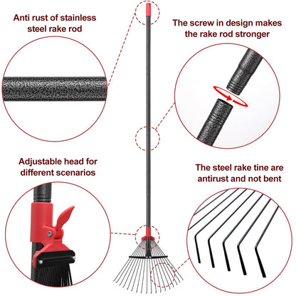 76Inch Adjustable Metal Leaf Rake, 18 Metal Tines Heavy Duty Leaves Rake for Lawns with 8-18" Expandable Head Long Handle Garden Rakes for Women Kids Leaves Yard Gardening Grass Outdoor Camping Debris