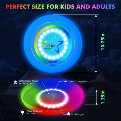 Umnodobn Light Up Flying Disc Toy Kids, Adults, Teens – 7 Glow in the Dark Modes, 22 Bright LEDs, Rechargeable, Outdoor Flying Sport Disc for Night Games, Family Fun, Beach, Park, Camping