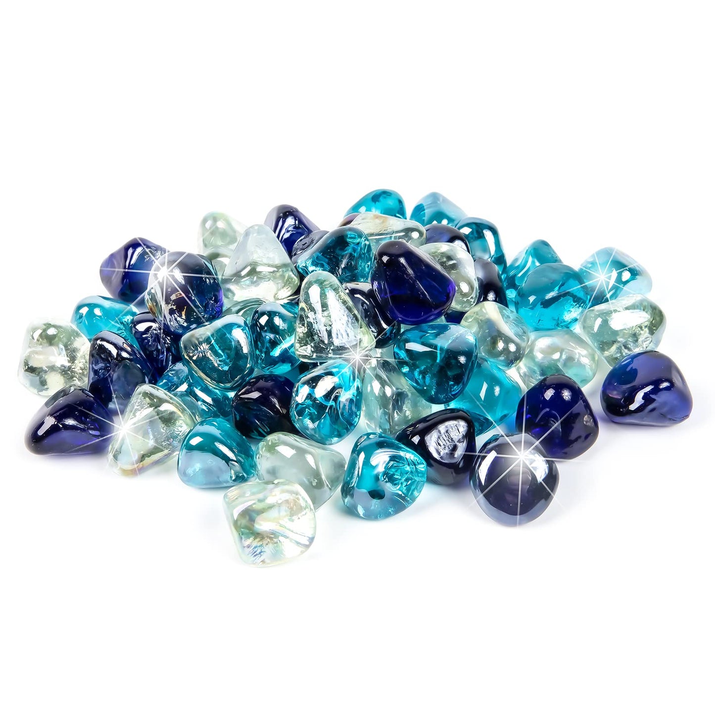 GASPRO 20 Pound Fire Glass Diamonds 1 Inch, Fire Pit Glass Rocks for Gas Fireplace and Fire Pit, Blend of White, Cobalt Blue and Margarita Azura Blue, High Luster