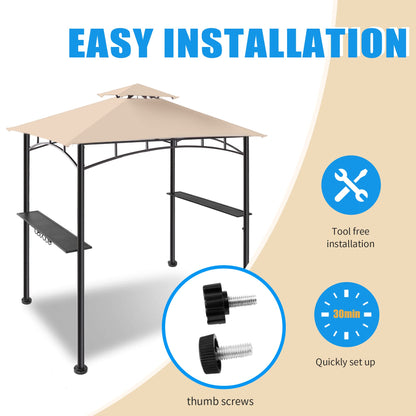 FAB BASED 5x8 Grill Gazebo, All-Weather Steel Construction, Double Tiered & Resistance Canopy Roof, Metal Serving Shelves, 2 LED and Bottle Opener for Patio, Backyard, BBQ (Beige)