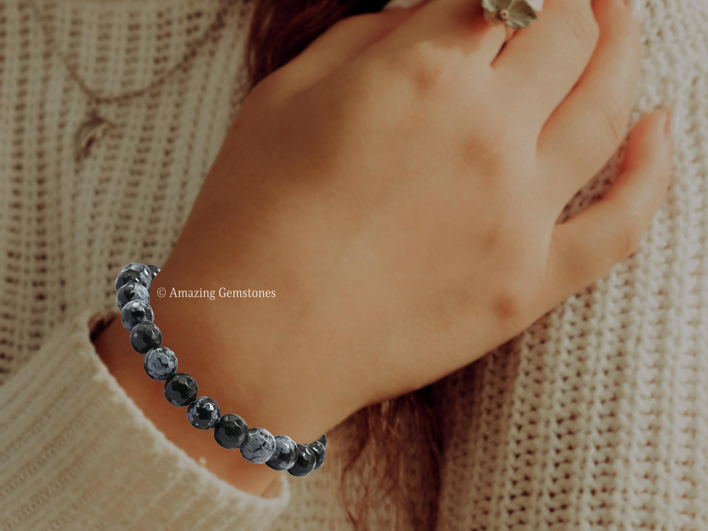 Amazing Gemstone Snowflake Obsidian Bracelet for Women - Chakra Mens Bracelet Protection Crystals and Healing Stones - Blessing Spiritual Meditation Stocking Stuffers (Faceted Beaded Bracelet)
