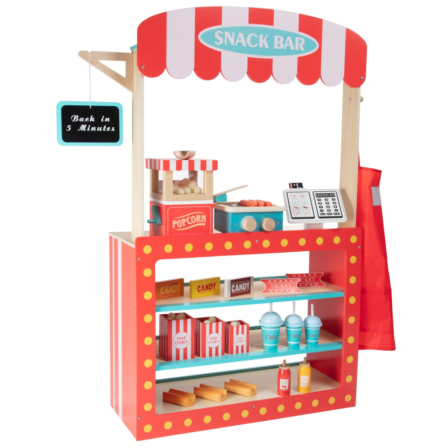 Movie Theatre Snack Bar Wooden Playset- Pretend Concession Stand Fun- Full Set w Popcorn Machine, Hot Dogs, Candy Bars, Sodas Cash Register, Credit Card- Kids Food Activity Center- Home or Daycare Toy