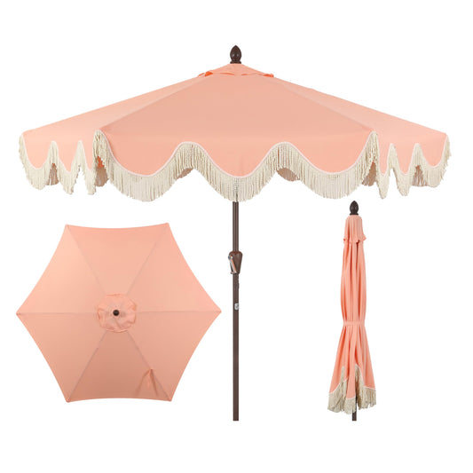 JONATHAN Y UMB1001F Collins 9 ft. Classic Cottage Tassel Market Patio Umbrella with Auto-Tilt, Crank, Wind Vent and UV Protection in Coral Pink/Cream