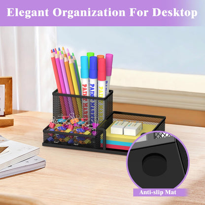 SUPEASY Pen Holder Desk Organizer, 2Pack Office Supplies Pencil Holder with 3 Compartments, Desk Accessories and Workspace Organizers for Home School Classroom, Black