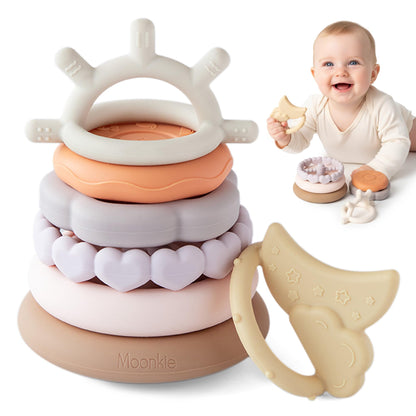 Moonkie Stacks of Circles Soft Teething Toy | Educational Learning Baby Toy | Stacking Ring Toys for Babies Boy and Girl | 7 Piece Teethers Set (Nature)