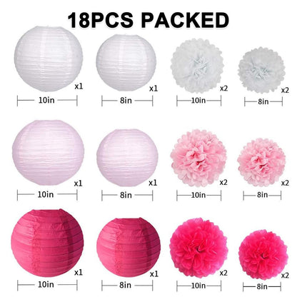 Celehappy Pink Paper Lanterns - Party Decorations Tissue Pom Poms for Weddings Birthdays - 18pcs Hanging Lanterns - Pink/White/Rose
