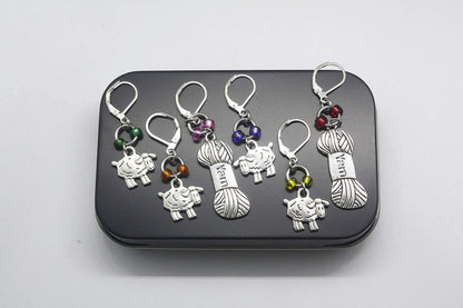 6 Removable Locking Stitch Markers for Knitting and Crocheting - Colourful Sheep and Yarn Charms - Set of 6 Progress Markers - Crochet Earrings by Morgan Curio