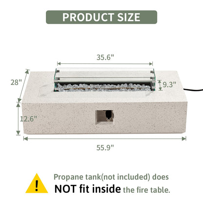 COSIEST Outdoor Propane Fire Pit Table, 56" x 28" Rectangle Terrazzo White Concrete-Like Finish, Certified, 50,000 BTU Stainless Steel Burner w Transparent Gray Fire Glass, Wind Guard, Raincover