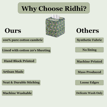 Ridhi Basil Green Block Print Tissue Box Cover Handmade Cotton Fabric Decorative Square Napkin Holder for Home Bedroom Living Room Bathroom Vanity Countertop Car Night Stands Office Kitchen