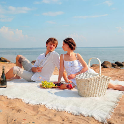Hillsuren Giant Beach Blanket with Fringe 91 x 71 Inch Waffle Woven Cotton Oversize Yarn Outdoor Picnic Blanket Bohemia Sandproof Beach Towel for Spring Summer Camping Accessories(Milky White)