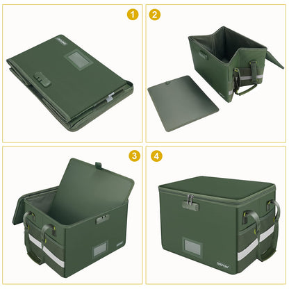 ENGPOW File Box with Lock, Fireproof Document Box with Zipper Lid, Collapsible File Storage Organizer Filing Cabinet with Handle, Portable Home Office Safe for Hanging Letter/Legal Folders, Green