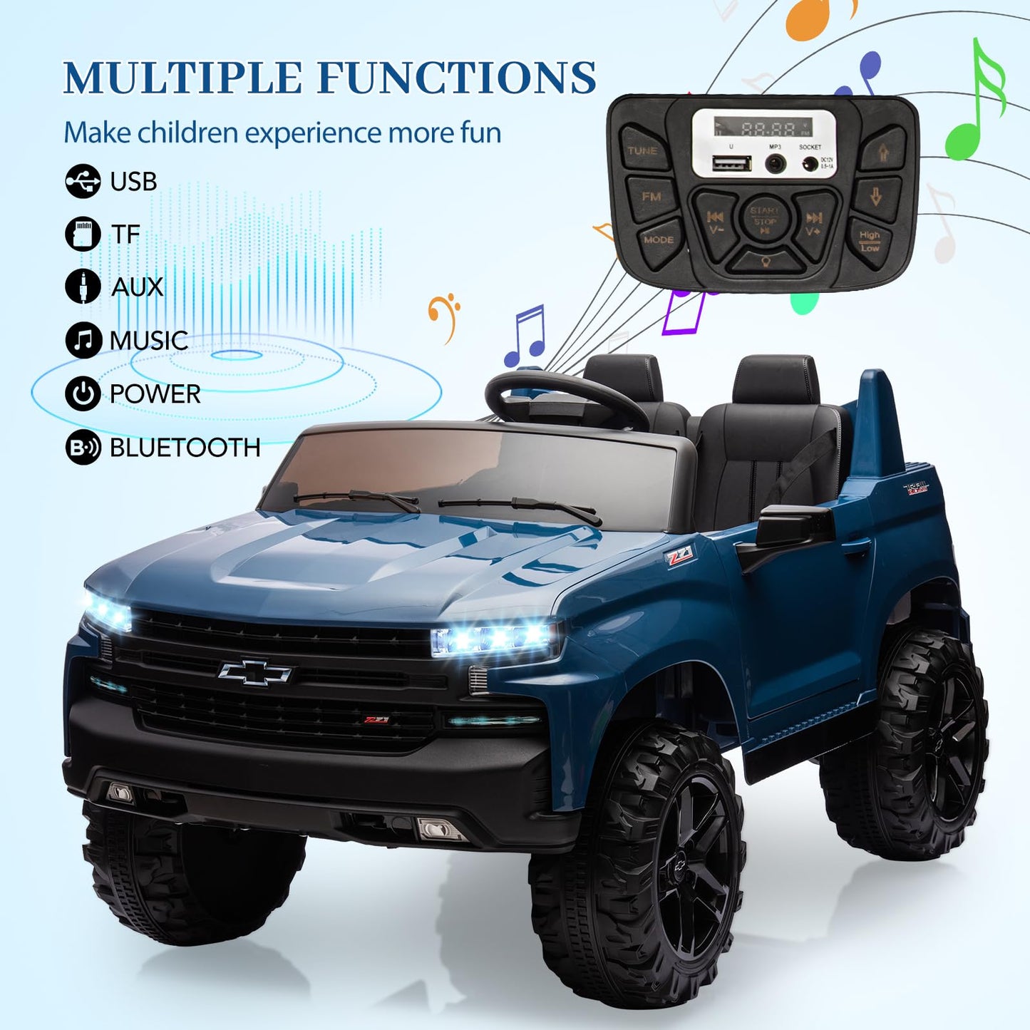 GarveeLife 24V 2-Seater Truck Licensed Chevrolet Silverado Ride On Car Kids Toy, Electric Vehicle Car for Toddlers with Parent Remote Control, Blue