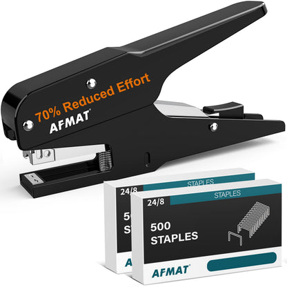 AFMAT Effortless Plier Stapler, Metal 35 Sheet Stapling Plier, 15000+ Stapling Times, with Staples & Reload Button, Handheld Stapler Heavy Duty, Space Save Size, Good for Office, Home, School, Black