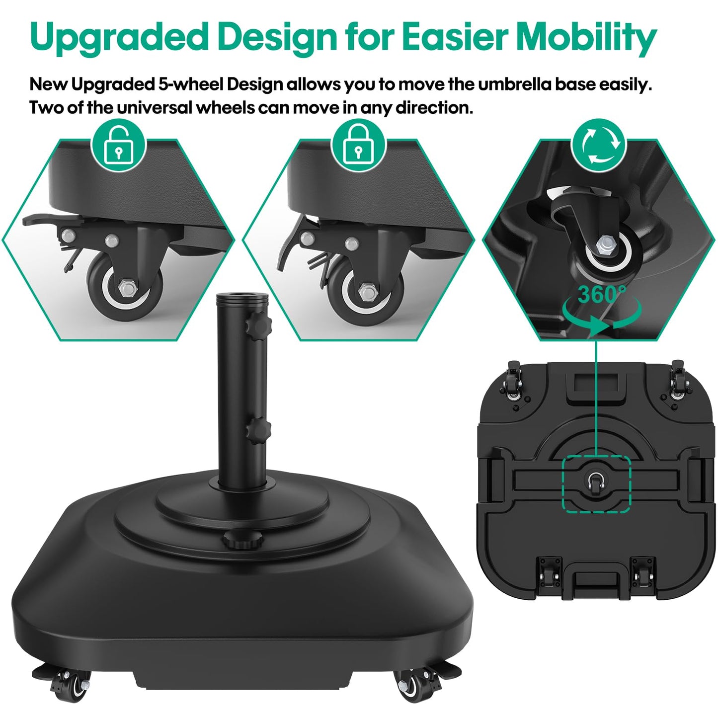 Umbrella Base with Wheels, Umbrella Stand Base Heavy Duty 100lb Windproof, Fillable Umbrella Base Mobile Square Umbrella Stand Outdoor Base for Patio, Deck, Poolside, Lawn, Fits Most Sized Umbrellas