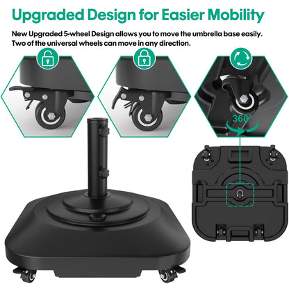 Umbrella Base with Wheels, Umbrella Stand Base Heavy Duty 100lb Windproof, Fillable Umbrella Base Mobile Square Umbrella Stand Outdoor Base for Patio, Deck, Poolside, Lawn, Fits Most Sized Umbrellas