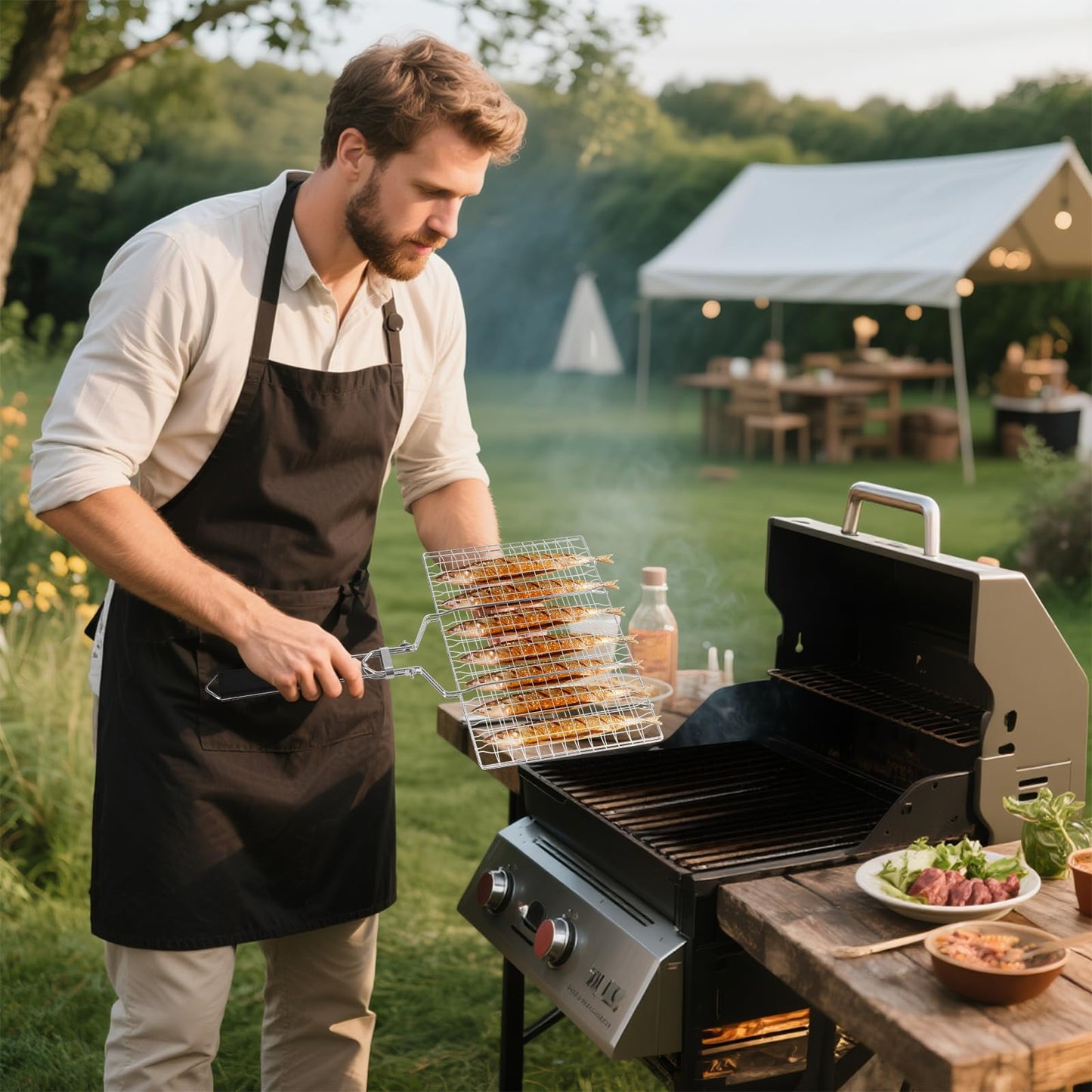 Fish Grill Baskets，Folding Portable Fish Grilling Rack For Grill, BBQ Grilling Basket, Stainless Steel Grill Basket For Veggies, Shrimp, Meat Cook，Come With Storage Bag and Two Basting Brush