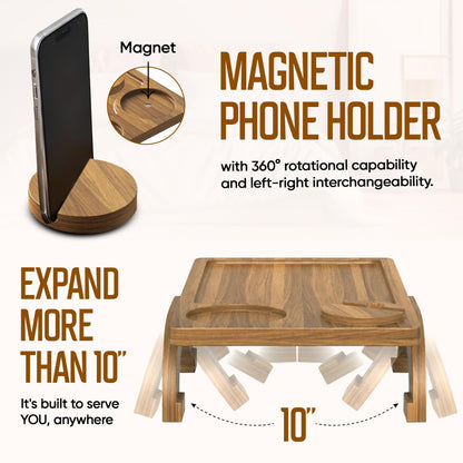 Motovatec Acacia Wood Sofa Arm Tray - 3-in-1 Couch Arm Table with Phone Holder, Cup Placer & Foldable Tray - Armrest Clip-On Design for Couch with 360° Rotated Phone Holder