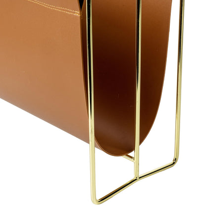 MyGift Magazine Holder Magazine Rack Floor 15-Inch Modern Brown Leatherette & Brass Plated Metal Floor Standing Faux Leather Sling Style Newspaper Rack for Home, Bathroom, Office Decor