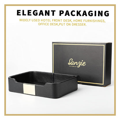 SANZIE Luxury Leather Tray Desktop Storage Catchall Organizer Decorative Tray for Entryway Table to Hold Jewelry Watch Keys Phone Wallet (Metal Glided, Black)
