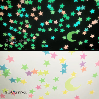 Glow in The Dark Stars Stickers for Ceiling, Adhesive 200pcs 3D Glowing Stars and Moon for Kids Bedroom,Luminous Stickers Create a Realistic Starry Sky,Room Decor,Wall Stickers