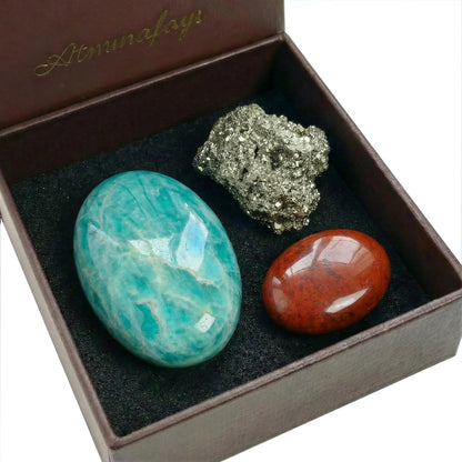 Atminafays Abundance Healing Crystal Set for Success & Good Luck -Large Amazonite,Raw Pyrite, Red Jasper for Yuga & Meditation, Travel Protection, Gift Set with Guidebook & Velvet Pouch