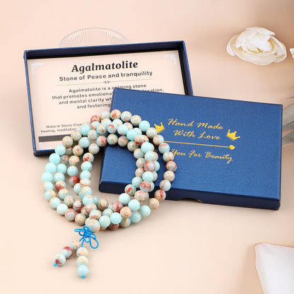 AD Beads 8mm 108 Prayer Mala Agalmatolite Elastic Bracelet - Peace and Tranquility - Handmade Yoga Meditation Healing Power Energy Gifts for Unisex Adult.