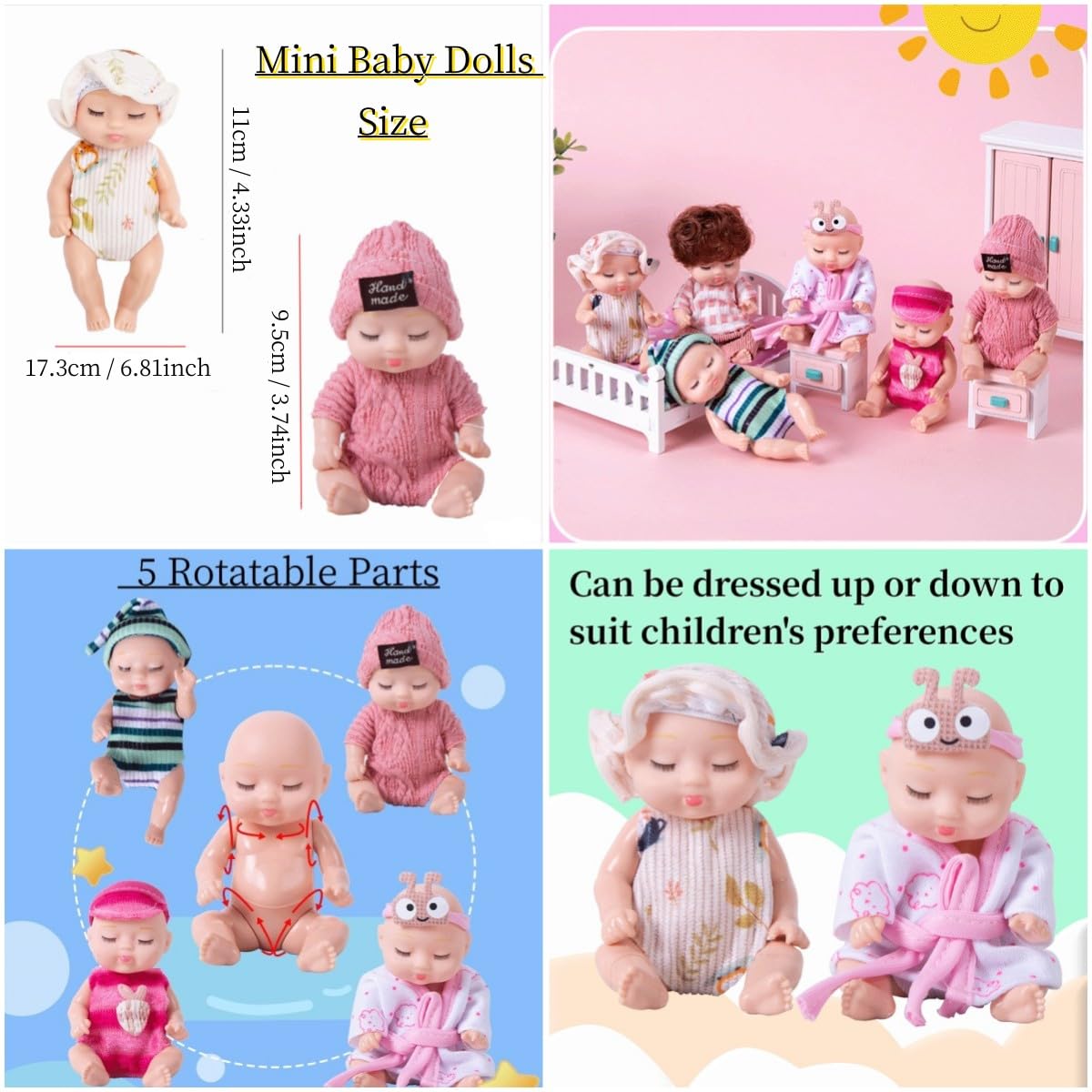 TISDEN 4 Inch Mini Baby Dolls 6pcs Set Cute Realistic Baby Dolls Toys with Handmade Doll Clothes for Suitability Kids 3 and up Household