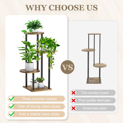 SMFANLIN 4 Tier Plant Stand Indoor, Metal Wooden Tall Plant Shelf Flower Pot Stand for Multiple Plants, Corner Flower Holder Plant Display Rack for Living Room Balcony Patio Garden (Rustic Brown)