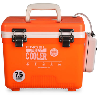 Engel 7.5qt Live Bait Cooler Box with 2nd Gen 2-Speed Aerator Pump - Portable Fishing Station & Minnow Bucket for Shrimp & Other Live Fish with Aerator - ENGLBC7-N-OHV in Orange High-Visibility