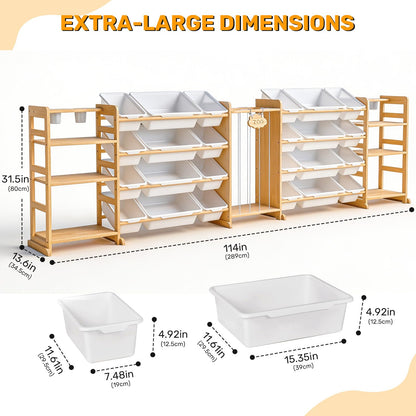 Yazzropt 114" Large Toy Storage Organizer with Bins Shelves & Stuffed Animal Storage for Kids Wood Toddler Playroom Organization with Bookshelf Toys Box Wooden Organizers for Kids Room Nursery Bedroom