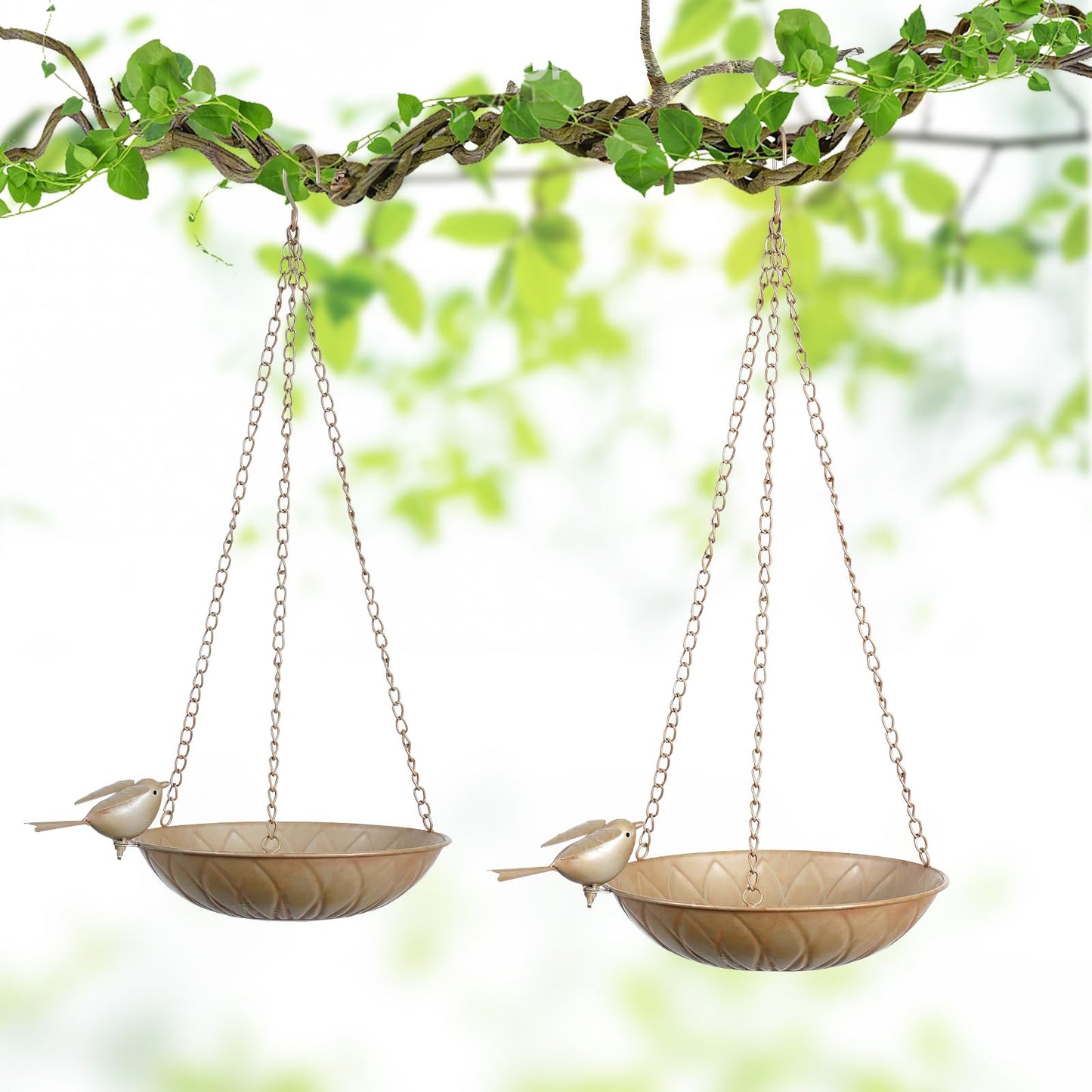 Hanging Bird Bath for Outside, 2 Pack Metal Birds Feeder & Water Bowl with Chains and S-Hooks,Birdbath Hanging for Outdoors Bird Feeder Seed Tray Garden Yard Decor (Rustic Gold)