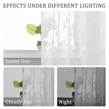 DWCN White Floral Lace Sheer Curtains - Rod Pocket Window Voile Sheer Drapes for Bedroom Kitchen Short Curtains 52 x 45 inch Length, Set of 2 Curtain Panels