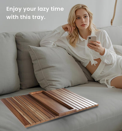 Danfoxer Sofa Arm Tray,Acacia Wood Folding Couch Arm Tray,Sofa Armrest Trays with Anti-Slip Pad for Drinks,Snacks,Phone,Remote Control