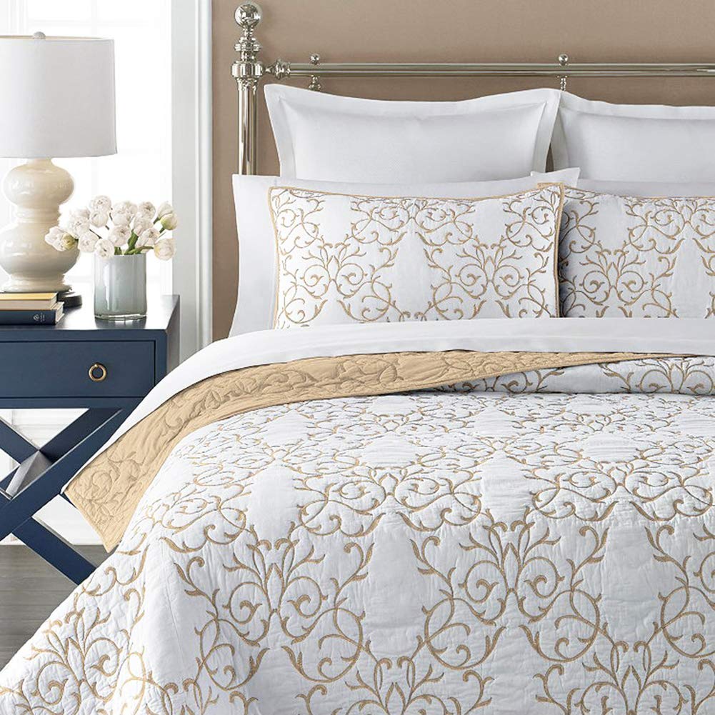 mixinni Reversible Soft Quilts 3-Piece Beige Embroidery Pattern Elegant Set with Embroidered Decorative Shams Soft Bedspread&Coverlet Set (Queen Size, Beige)