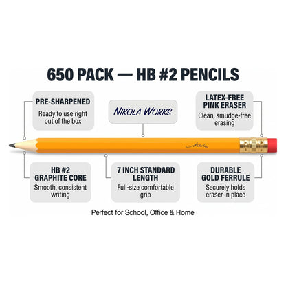 Nikola Works Bulk 650 Pack Premium Pre-Sharpened #2 HB Pencils USA Standard Wood Cased Graphite With Erasers
