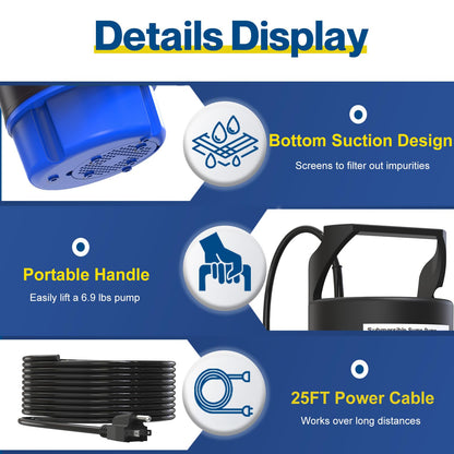 AgiiMan 1/2HP Submersible Water Pump, 2200GPH Portable Sump Pump for Pool Draining, Pool Cover Pump with 25FT Power Cord for Basements, Pool, Fountains, Hot Tub, Garden, SkyBlue