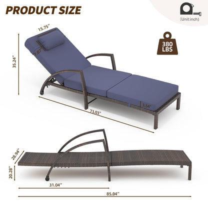 Set of 2 Chaise Lounge Chairs Outdoor, PE Rattan Wicker Poolside Recliners with 5-Position Adjustable Backrest, Blue Cushions, Armrests and Wheels, Patio and Garden Furniture for Beach and Backyard