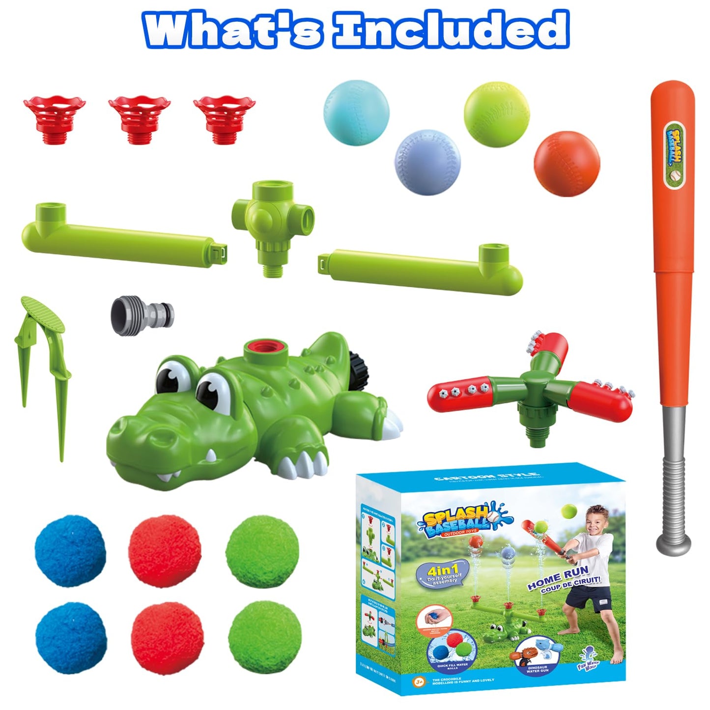 Intoypad 4-in-1 Kids Water Sprinklers T Ball Set & Water Ball Toy, Crocodile Baseball Sprinkler for Backyard Outdoor Summer Toys for Boys Girls Outside Yard Water Game Toys for Kids Toddlers Ages 3-8
