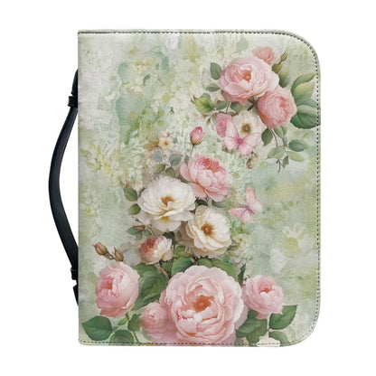 WUYOJUXA Pink Flower Print Bible Carrying Case for Girls Book Protector for Book Lovers Bible Study Supplies Accessories Christian Gifts for Women Large Quilted Bibles Case with Handle-L