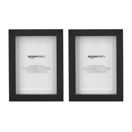 Amazon Basics Rectangular Picture Frame with Glass, 5" x 7", Wall Hanging or Tabletop Display, Mat for 4" x 6" Photo, Black, 2-Pack