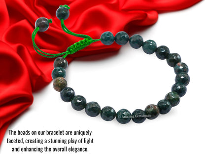 Amazing Gemstone Bloodstone Bracelet for Women - Chakra Mens Bracelet Protection Crystals & Healing Stones - Faceted Beaded Blessing Bracelet Spiritual Meditation Gift Christmas Stocking (Adjustable)