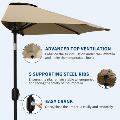 Garvee Patio Umbrella 9FT - Half Umbrella Outdoor with Smooth Crank Lift, Outdoor Shade Canopy for Patio, Backyard, Garden, Deck, Balcony -Tan
