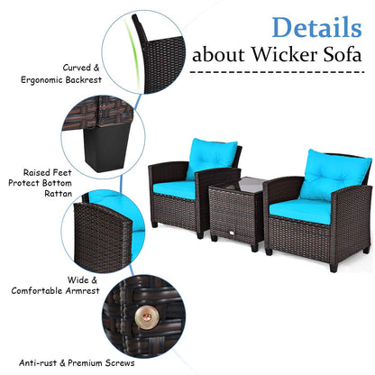 COSTWAY 3PCS Patio Furniture Set, PE Rattan Wicker Sofa w/Washable Cushion and Coffee Table, Tempered Glass Tabletop, Outdoor Conversation Set for Balcony, Porch, Yard, Backyard, Lawn, Turquoise
